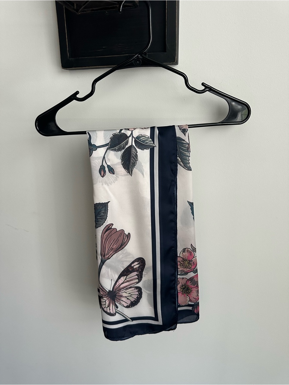 Anne Klein Vintage Polyester Scarf Butterfly Floral Print Blue Border Square